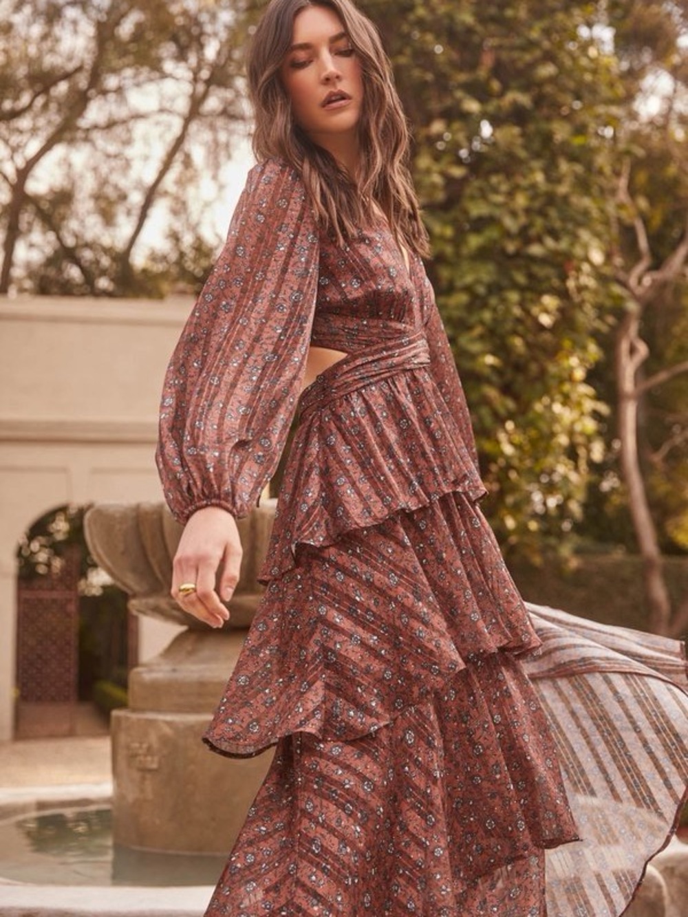 ASTR The Label Anora Floral Tiered Maxi Dress Copper Black Ditsy S